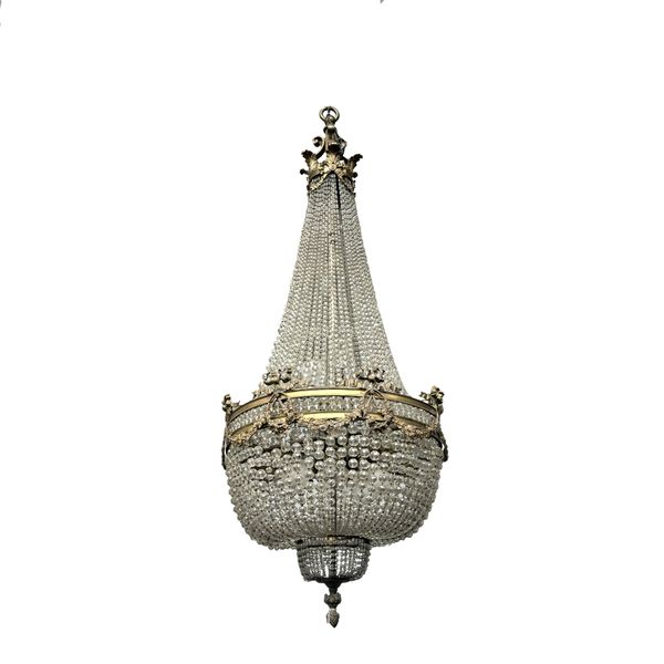 A LOUIS XVI STYLE GILT-METAL AND FACETED GLASS TENT AND BAG CHANDELIER