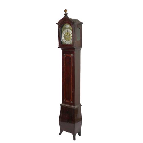 AN EDWARDIAN MAHOGANY, YEW WOOD CROSSBANDED AND BOXWOOD OUTLINED LONGCASE CLOCK