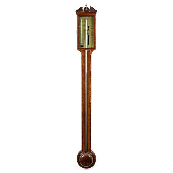 A GEORGE III MAHOGANY AND CHEQUER-STRUNG STICK BAROMETER