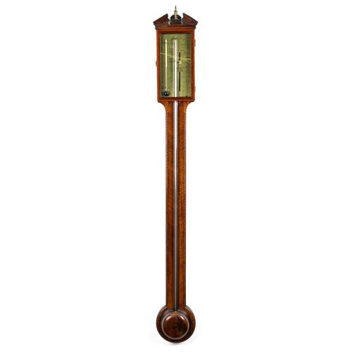 A GEORGE III MAHOGANY AND CHEQUER-STRUNG STICK BAROMETER