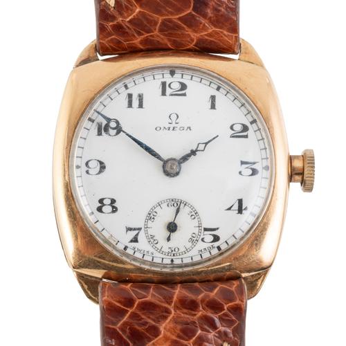 A 1931 OMEGA CUSHION SHAPE 9CT GOLD WRISTWATCH