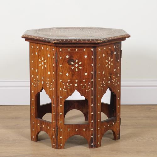 AN EARLY 20TH CENTURY ANGLO INDIAN BONE INLAID TEAK OCTAGONAL TABLE