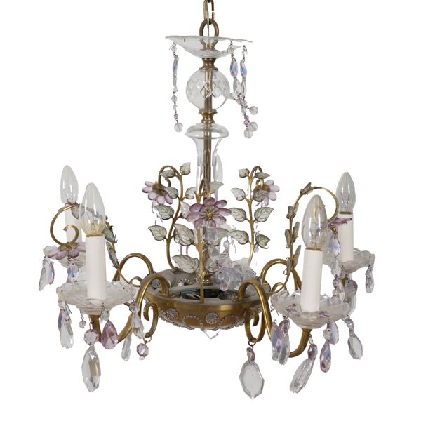 A FRENCH BAGUES STYLE GLASS AND GILT LACQUERED BRASS MOUNTED EIGHT LIGHT CHANDELIER