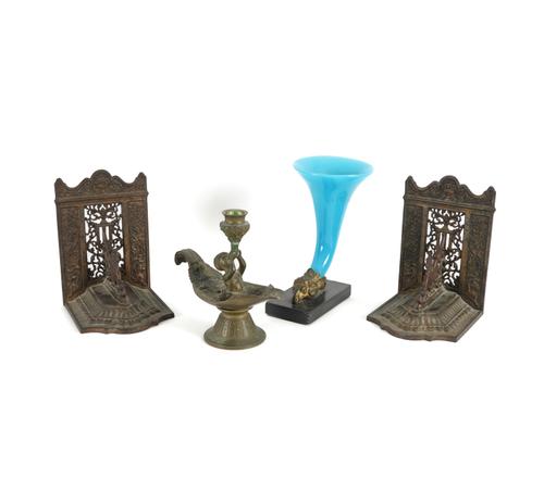 A VICTORIAN GILT-BRASS MOUNTED BLUE OPALINE GLASS RHYTON VASE TOGETHER OTHER ITEMS (4)