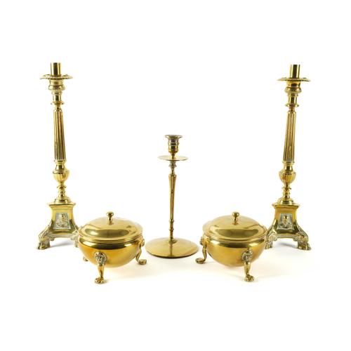 A PAIR OF FLUTED BRASS ALTAR CANDLESTICKS AND A PAIR OF COVERED TUREENS (5)