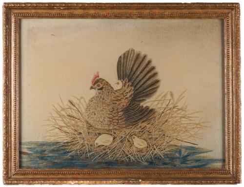 A WOOLWORK PICTURE OF A NESTING HEN WITH CHICKS