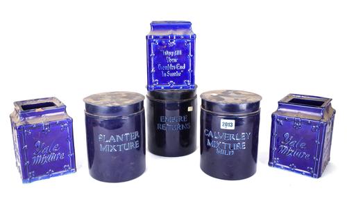 THREE BLUE GLAZE DOULTON CERAMIC TOBACCO JARS AND THREE OTHERS