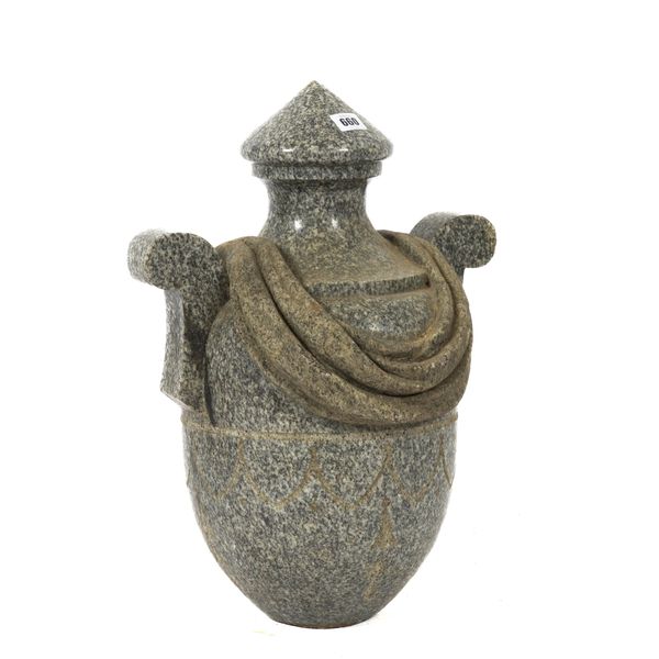 A NEO-CLASSICAL STYLE POLISHED GRANITE FUNERARY URN FINIAL