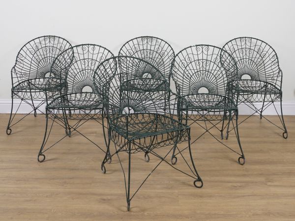 A SET OF SIX EARLY 20TH CENTURY GREEN PAINTED WIREWORK GARDEN CHAIRS (6)