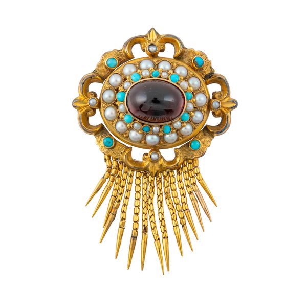 A VICTORIAN GARNET, PEARL AND TURQUOISE TASSEL BROOCH