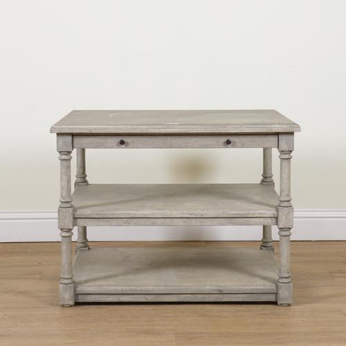 A MODERN GREY PAINTED THREE TIER SIDE TABLE