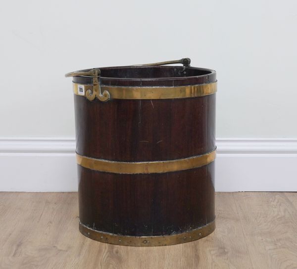 A GEORGE III BRASS BOUND MAHOGANY PEAT BUCKET