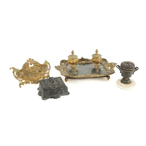 A LOUIS XV ROCOCO SYTLE GILT-BRONZE MOUNTED VERDE-ANTICO MARBLE INKSTAND (4)