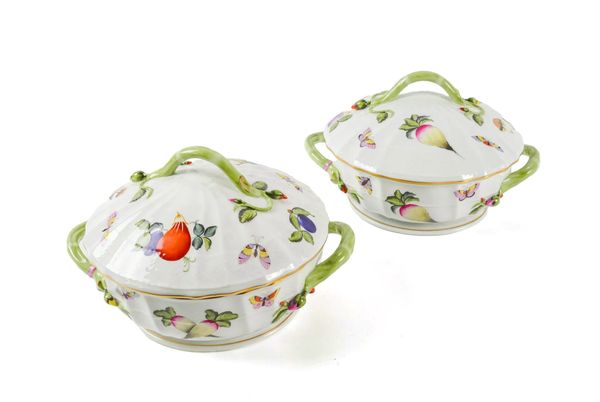 A PAIR OF HEREND `MARKET GARDEN' PATTERN OZIER MOULDED CIRCULAR TWO-HANDLED VEGETABLE TUREENS AND COVERS (4)