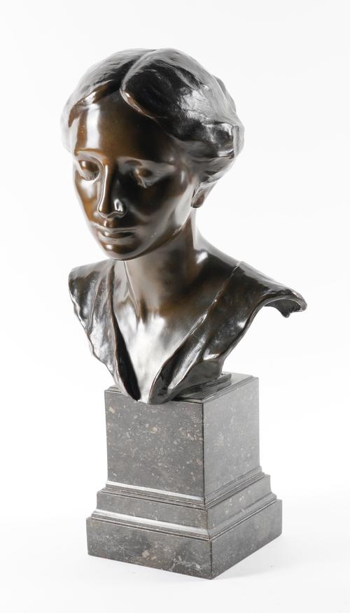 EDMUND KOLTZ (AUSTRIAN, 1855-1929); A BRONZE  PORTRAIT BUST OF A WOMAN