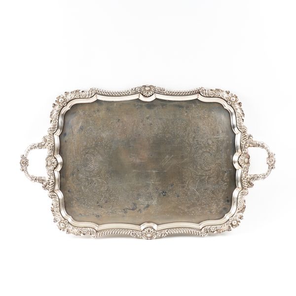 A LARGE PLATED SHAPED RECTANGULAR TWIN HANDLED TRAY