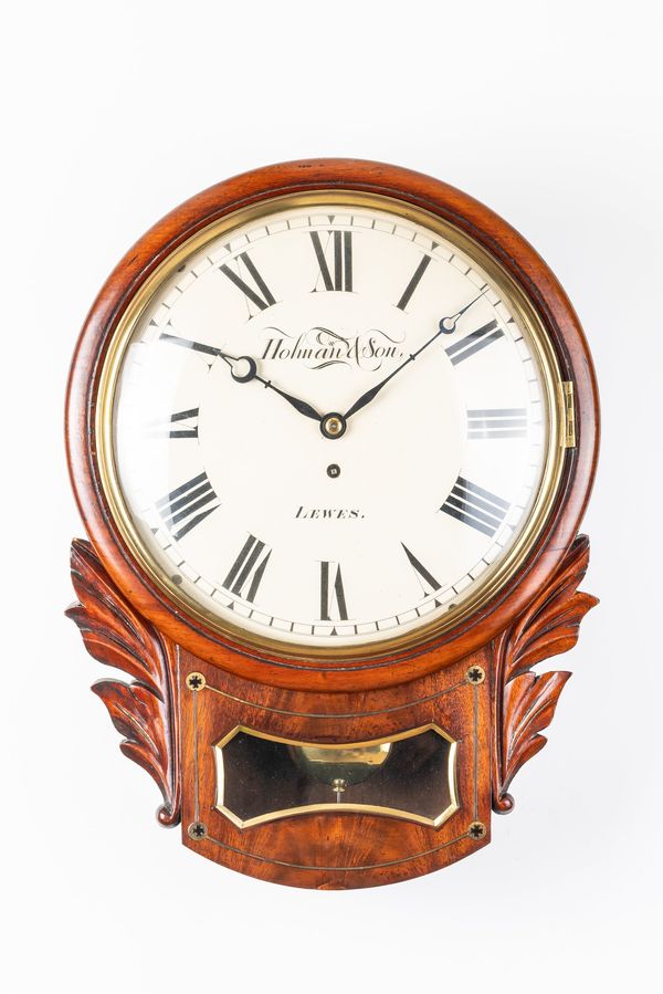 AN EARLY VICTORIAN MAHOGANY AND BRASS INLAID DROP-DIAL WALL CLOCK