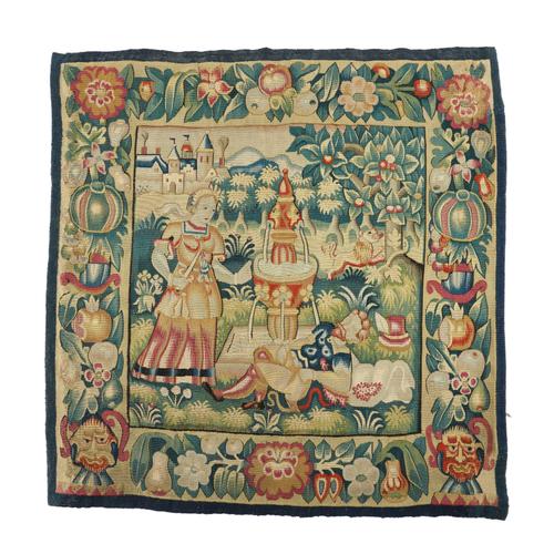 TWO NORTH EUROPEAN TAPESTRY PANELS OR CUSHION COVERS, ONE DEPICATING A BIBLICAL SCENE, THE OTHER AN ALLEGORICAL SCENE (2)