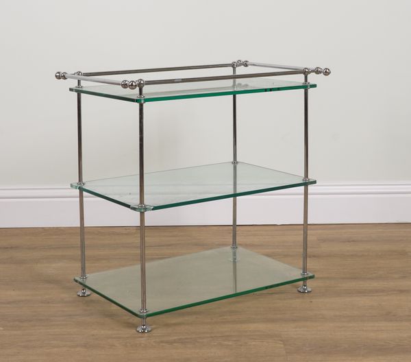 A 20TH CENTURY CHROME AND GLASS RECTANGULAR THREE TIER DRINKS STAND