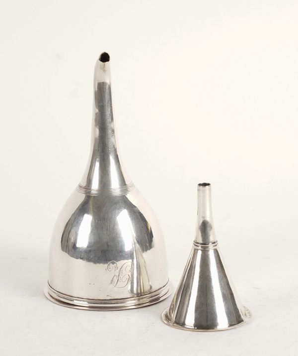 A GEORGE III SILVER WINE FUNNEL AND ANOTHER SMALLER SILVER FUNNEL (2)