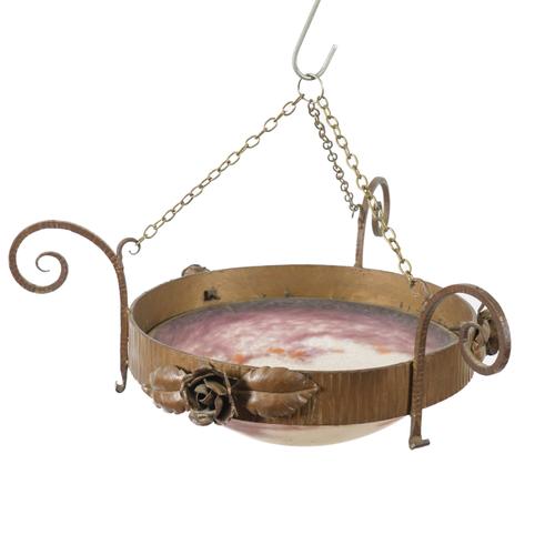 A FRENCH ART DECO BRONZE PATINATED WROUGHT IRON AND METAL PINK MOTTLED GLASS HANGING LIGHT