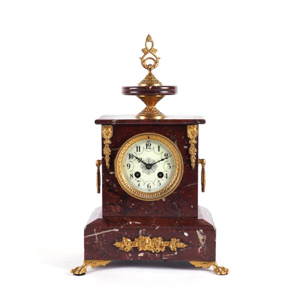 A FRENCH GILT-METAL MOUNTE ROUGE GRIOTTE MARBLE 8-DAY MANTEL CLOCK