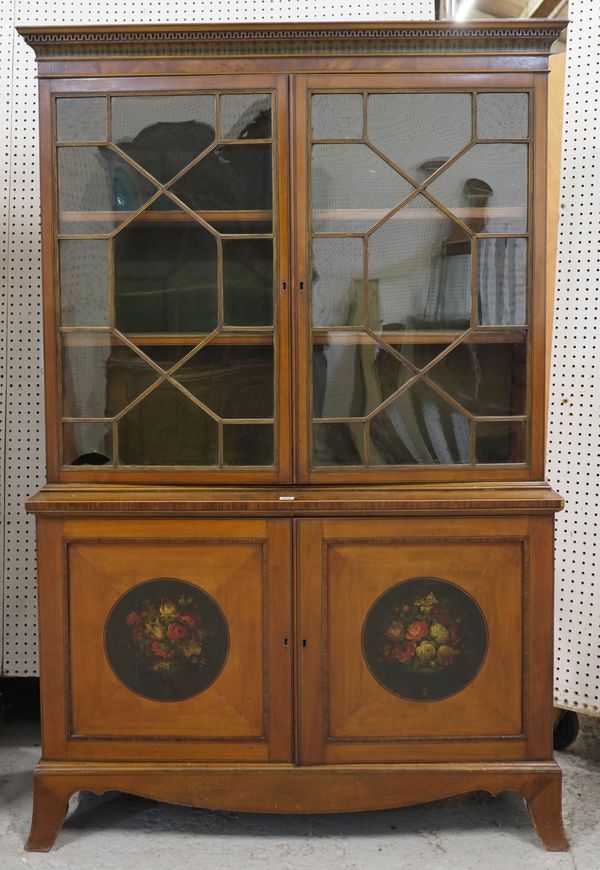 A 19TH CENTURY POLYCHROME DECORATED SATINWOOD GLAZED BOOKCASE CABINET