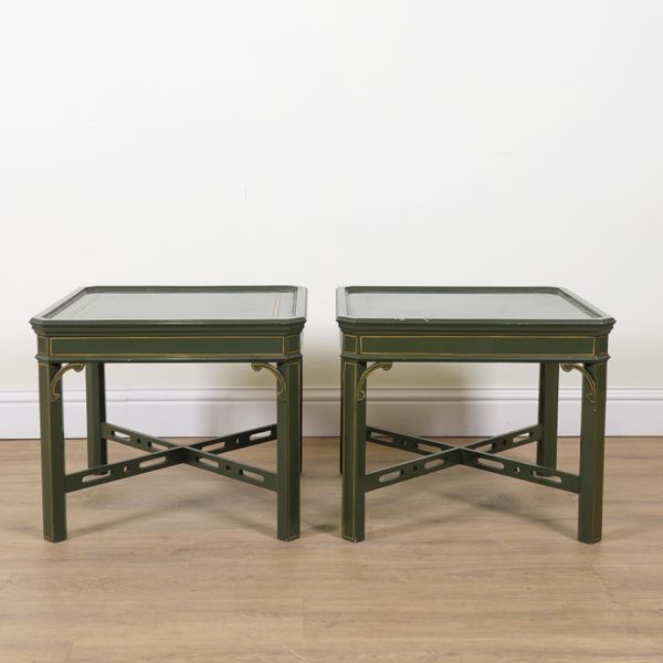 A PAIR OF GREEN PAINTED PARCEL GILT DECORATED SQUARE OCCASIONAL TABLES (2)