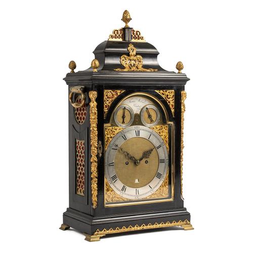 A GEORGE III GILTMETAL-MOUNTED EBONISED STRIKING BRACKET CLOCK