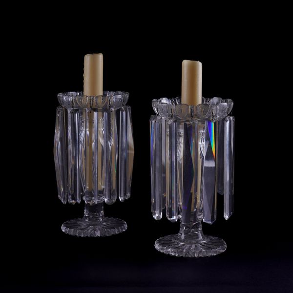 A PAIR OF VICTORIAN CUT-GLASS LUSTRE CANDLESTICKS  (2)