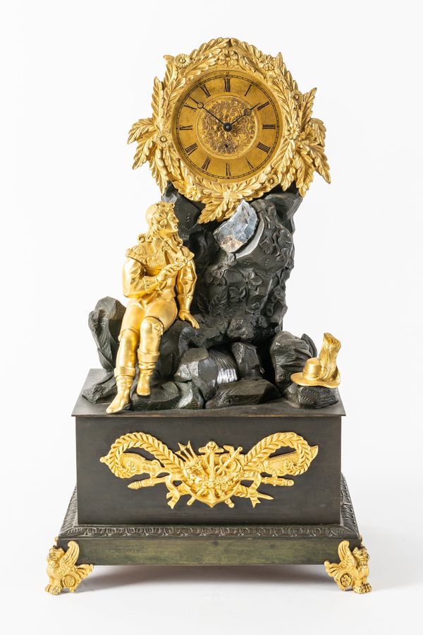 A FRENCH ORMOLU AND PATINATED BRONZE TIMEPIECE WITH MUSIC BOX