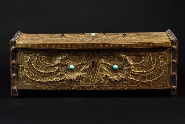 ALFRED DAGUET (1875-1942): A FRENCH ART NOUVEAU EMBOSSED GILT COPPER AND GLASS MOUNTED CASKET OR JEWELLERY BOX