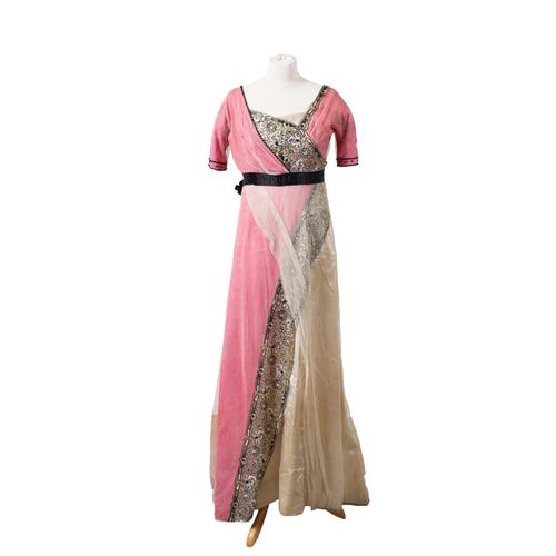 A SATIN SILK AND PINK CHIFFON SILK LADY'S EVENING DRESS OR GOWN