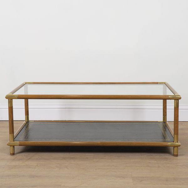 A MID 20TH CENTURY BRASS BOUND BEECH TWO TIER RECTANGULAR COFFEE TABLE
