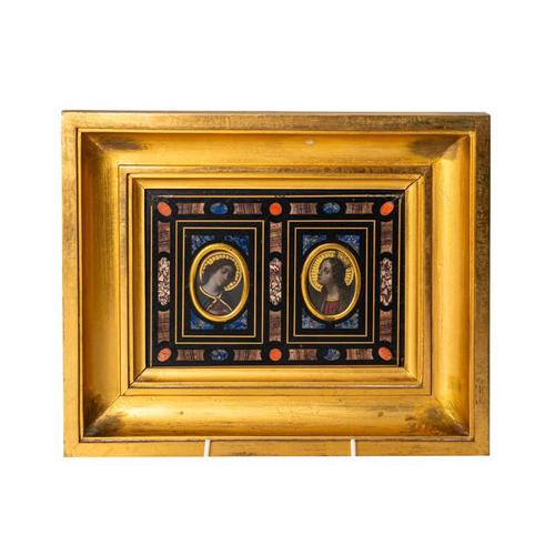 AN ITALIAN MARBLE PIETRA DURA PLAQUE WITH TWO PAINTED OVAL MEDALLIONS OF SAINTS AFTER THE ANNUNCIATION FRESCO IN SANTISSIMA ANNUNZIATA, FLORENCE