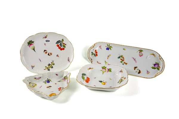 FOUR PIECES OF HEREND `MARKET GARDEN' PATTERN OZIER MOULDED PORCELAINS (4)