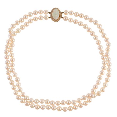 A TWO ROW PEARL NECKLACE WITH AN OPAL AND DIAMOND CLASP