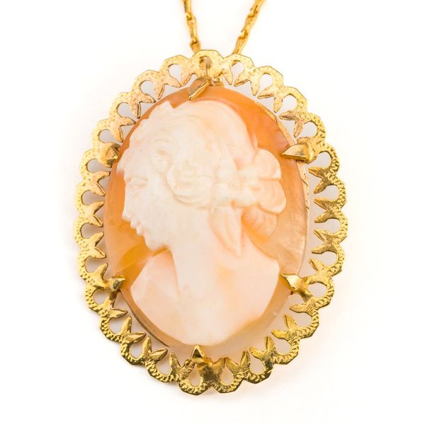 A 9CT GOLD MOUNTED SHELL CAMEO PENDANT BROOCH, WITH A 9CT GOLD NECKCHAIN (2)