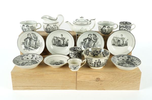 A GROUP OF BLACK TRANSFER PRINTED CERAMICS ( 16)