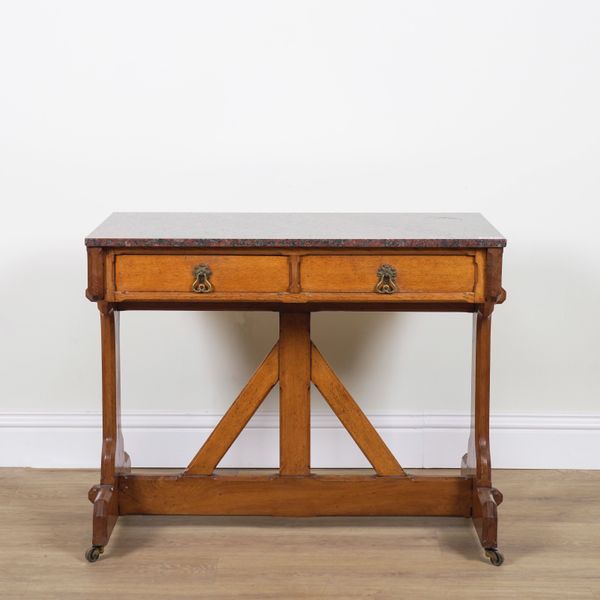 AN ARTS AND CRAFTS MARBLE TOPPED OAK TWO DRAWER SIDE TABLE