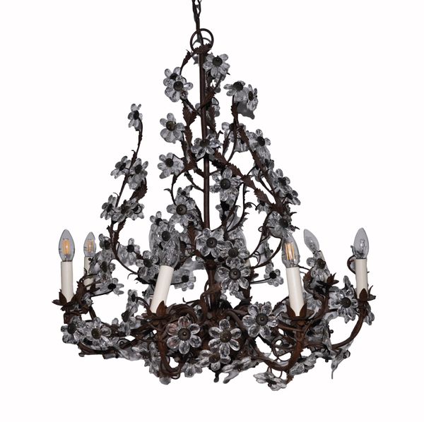 A WROUGHT-IRON EIGHT LIGHT CHANDELIER