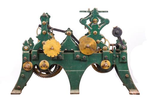 A LARGE GREEN-PAINTED CAST-IRON STRIKING TURRET CLOCK