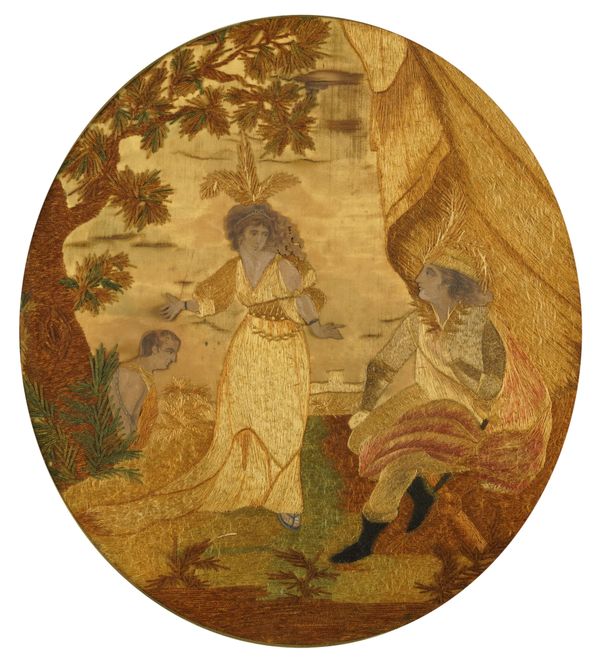 A LATE GEORGE III SILKWORK ROUNDEL DEPICTING THREE FIGURES AND TWO OTHER NEEDLEWORKS (3)