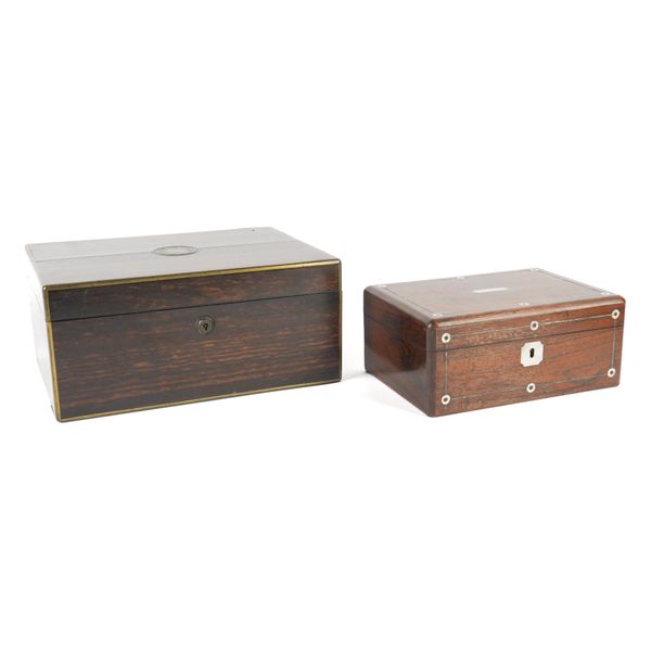 A BRASS MOUNTED COROMANDEL JEWELLERY BOX AND ANOTHER SMALLER ROSEWOOD TOILET BOX (2)