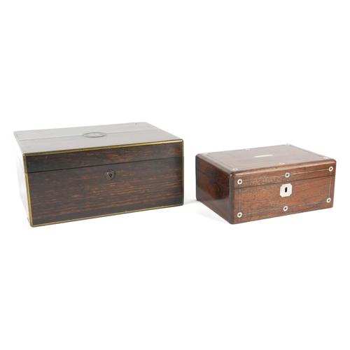 A BRASS MOUNTED COROMANDEL JEWELLERY BOX AND ANOTHER SMALLER ROSEWOOD TOILET BOX (2)