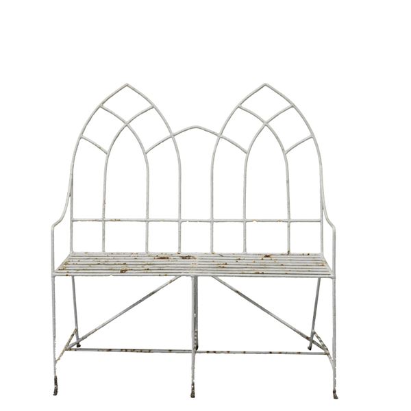 A REGENCY STYLE WHITE PAINTED METAL DOUBLE ARCHED BACK GARDEN BENCH