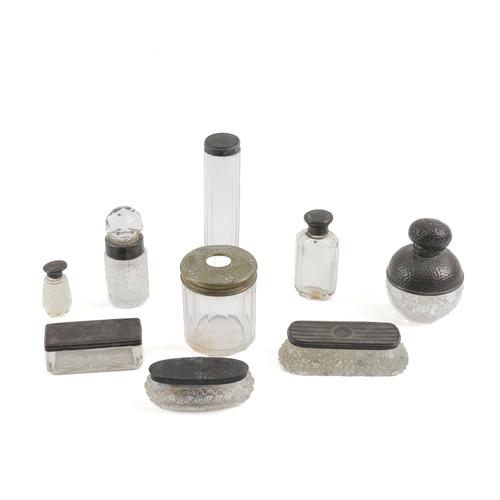 FIVE SILVER MOUNTED GLASS TOILET BOTTLES AND CONTAINERS AND FOUR FURTHER ITEMS (9)