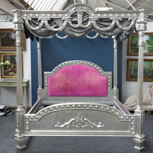 A MODERN SILVER PAINTED FOUR POSTER BED
