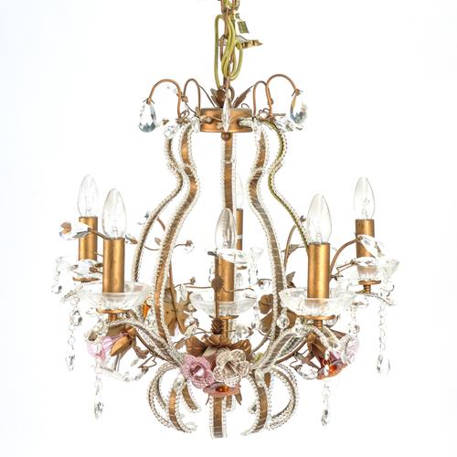 A PAIR OF 20TH CENTURY COLOURED GLASS FIVE LIGHT CHANDELIERS (2)