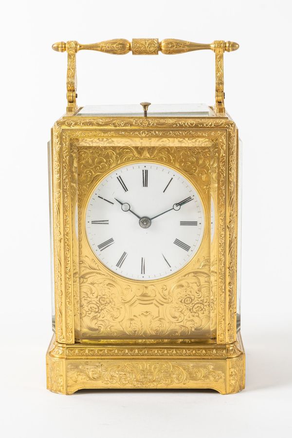 A FRENCH ENGRAVED, GILT BRASS ONE-PIECE CASE, STRIKING AND REPEATING CARRIAGE CLOCK